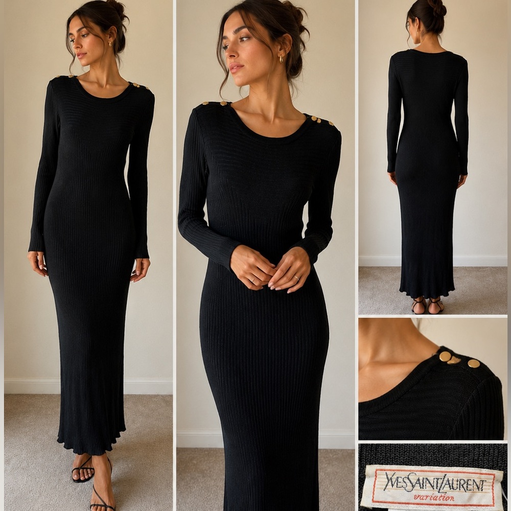 Vintage Yves Saint Laurent Variation Ribbed Knit Midi Dress Black Size 36 Italy
